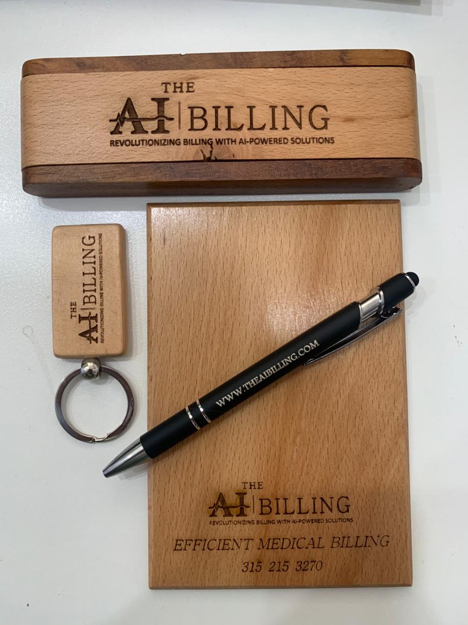 Elegant Custom Wooden Office Gift Set – Pen, Keychain, Tea Coaster & Pen Stand